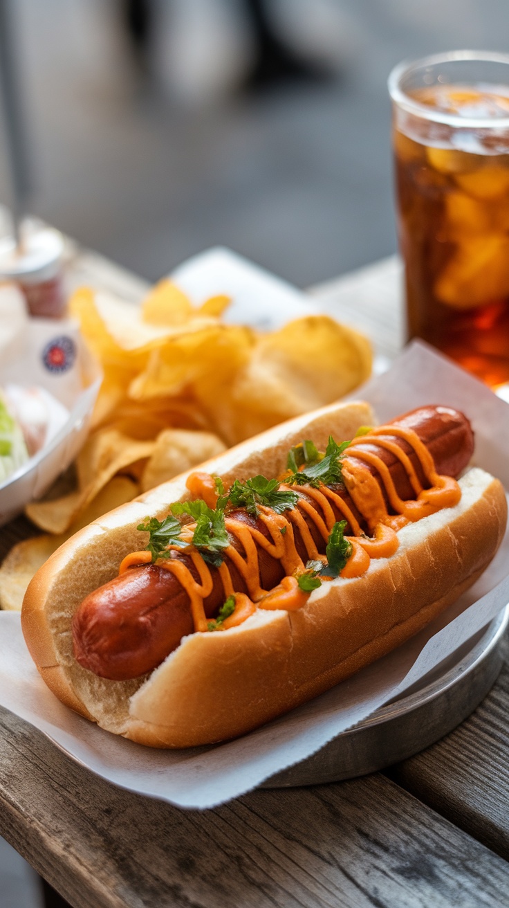 A delicious New York-Style hot dog in a bun, topped with onion sauce and chili sauce, on a wooden table with chips.